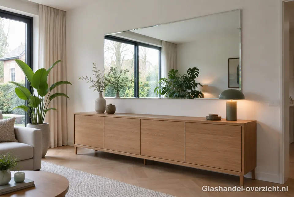Grote spiegel op maat zonder lijst boven een houten dressoir in een lichte woonkamer